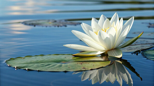 Beautiful Photograph of a White Water Lily Flower Floating on Blue Pond Water