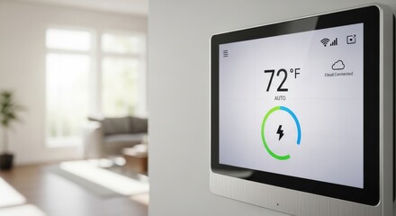 Modern digital climate control system displays current temperature settings mounted on an interior wall