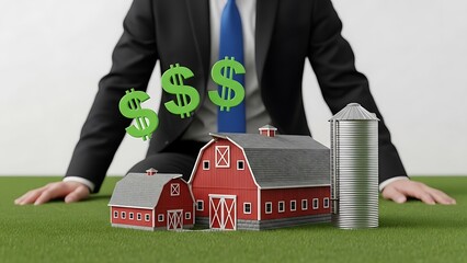 Businessman holding miniature red barn and silo with rising currency symbols on green grass