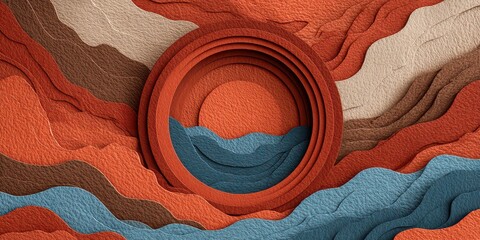 Abstract Topography Sand Art in Warm Tones Featuring Circular Center and Layered Hills in Neutral Background
