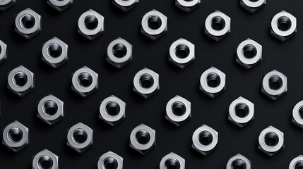 Industrial Hex Nut Pattern on Black Background, Repeating Metal Hardware Texture, Minimal Mechanical Flatlay