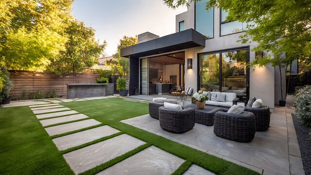 Tranquil Backyard Oasis with Artificial Grass and Modern Stone Pathway