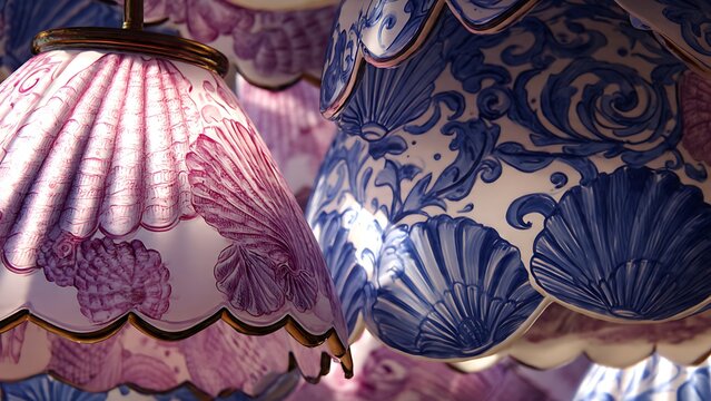 Elegant Delftware Lamps Featuring Seashell and Wave Patterns in Blue and Pink