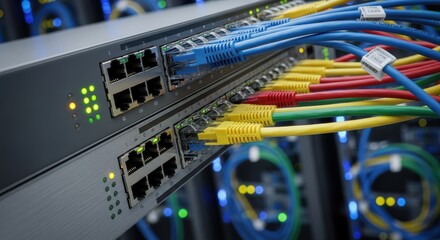 Close up view of networking hardware illuminated by status indicator lights with numerous patch cables connected
