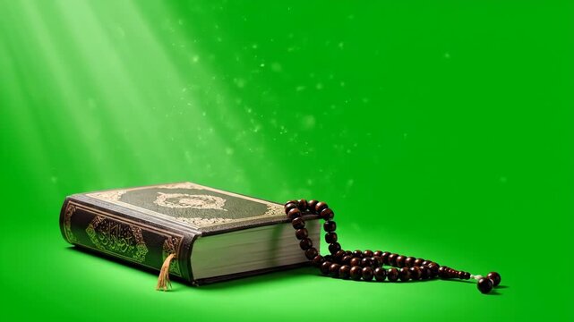 Holy Quran and prayer beads on green background with rays of light.