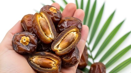 Handful of Fresh Dates with Palm Leaves