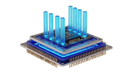 Futuristic Microchip with Blue Energy Beams
