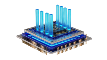 Futuristic Microchip with Blue Energy Beams