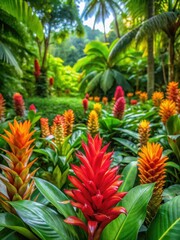 Obraz premium Vibrant tropical flowers blooming in a lush green forest