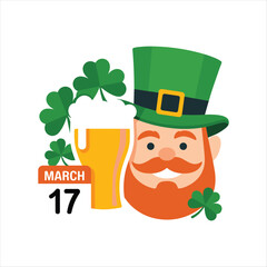 Happy St. Patrick&rsquo;s Day Leprechaun with Beer Mug and Shamrock March 17 Flat Vector Illustration
