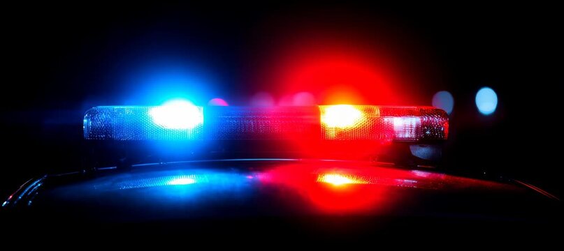 Police car blue red flasher light on dark background. Generative video AI technology.
