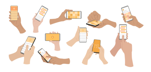 Diverse set of hands holding and using smartphones to interact with mobile applications, isolated on transparent background.