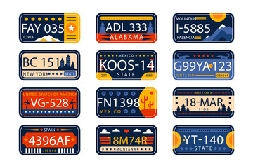 Hand-drawn collection of diverse international license plates from USA states and Mexico, isolated on a transparent background for travel and automotive themes.