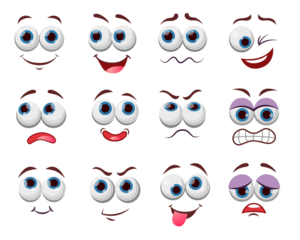 Set of cartoon eyes and mouths with various expressive emotions like happy, angry, sad, surprised, isolated on transparent background.