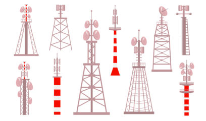Collection of diverse radio and communication towers, including lattice and monopole designs with antennas, isolated on transparent background.