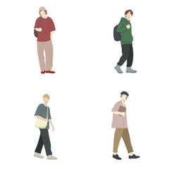 Vector Set of Casual Young Men Walking and Standing. Minimalist Flat Illustration of People in Trendy Outfits Isolated on White. Male Characters Collection for Architectural Collage.