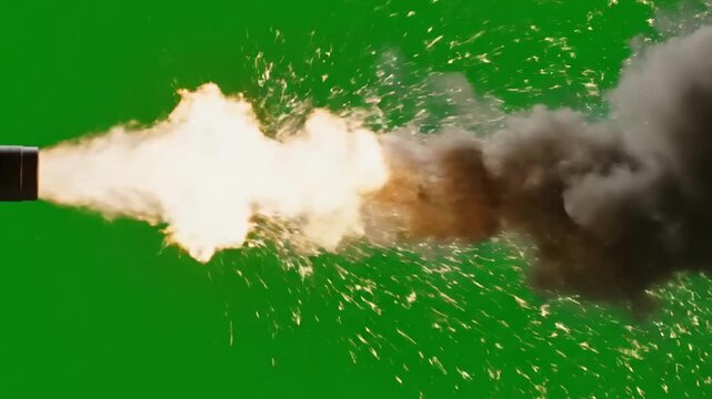 Gun muzzle flash and smoke explosion on green screen background.