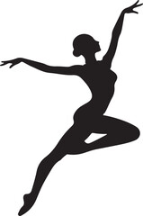 A graceful black silhouette of a female dancer in an expressive, leaping pose, suitable for an icon or logo, against a white background.