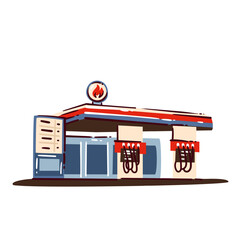 Fototapeta premium Roadside gas station building with classic American fuel pumps, canopy roof, service station architecture, highway travel symbol, urban roadside infrastructure, cartoon vector illustration