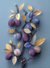 Crafted plum branch; purple fruit and gold leaves on blue