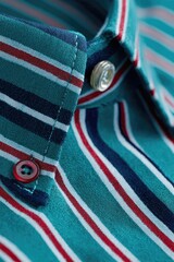 Striped shirt detail, buttons fastened on the collar band