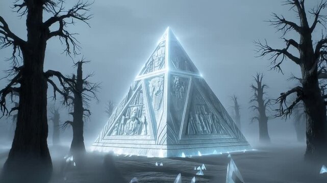 Ancient mystical pyramid structure in eerie foggy forest with bare trees and glowing blue lights