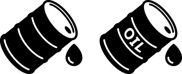 原油がこぼれるドラム缶の白黒シンプルアイコン（Leaking Oil Barrel Black and White Icon）
