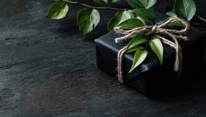 Black wrapped gift tied with jute, green leaves on dark slate