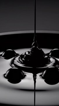 Close-up of water droplets falling into a pool of water, creating ripples, in a dark room with a spotlight