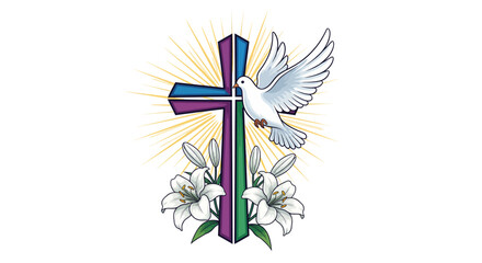 Obraz premium Vibrant spiritual illustration depicting a glowing cross adorned with white lilies and a peaceful dove in flight, symbolizing hope, purity, and renewal