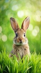 Fototapeta premium A bunny rabbit sitting on a lush green grass blade with its ears perked up and eyes fixed on something in the distance