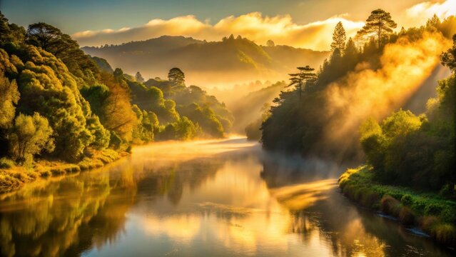 Golden light filters through misty autumn morning in Whanganui River Road National Park scenery