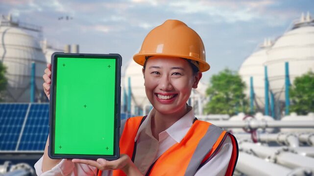Close Up Of Asian Female Engineer With Safety Helmet Smiling And Showing Green Screen Tablet To The Camera at Energy Complex with Spherical Gas Storage Tanks, Solar Panels and Large Pipelines