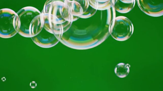 Many translucent soap bubbles floating against a vibrant green background.
