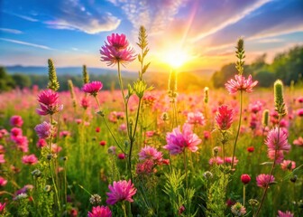 Fototapeta premium Vibrant pink flowers bloom in a lush meadow filled with tall grasses and wildflowers