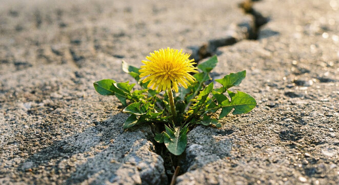 A close-up photo of a vibrant plant flowering in a concrete crack. A powerful visual metaphor for resilience, hope, and thriving in harsh environments against all odds.