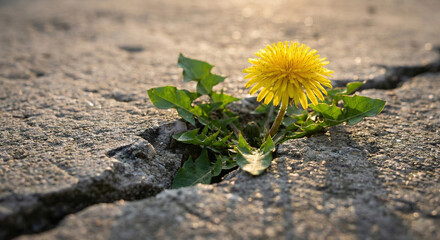 A close-up photo of a vibrant plant flowering in a concrete crack. A powerful visual metaphor for resilience, hope, and thriving in harsh environments against all odds.
