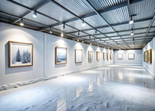 Ice-covered gallery with artworks