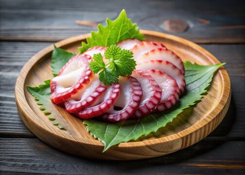 A delicate slice of Japanese octopus sashimi on a wooden plate