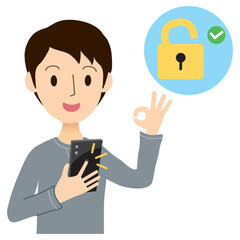 スマートフォンの指紋認証でロック解除する男性