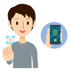人差し指で指紋認証をする男性　スマートフォン承認イメージ