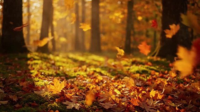 Slow-motion shot of a gentle current causing leaves to swirl gracefully in a puddle Tranquil autumn patterns