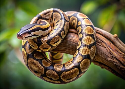 A ball python snake curled around a branch with its body wrapped tightly