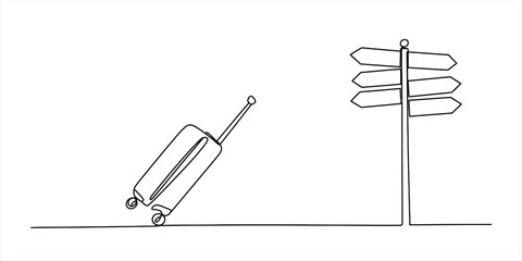 Continuous line art illustration of a suitcase and a signpost representing travel choices Vector, illustration © Ratna Art_Gallery