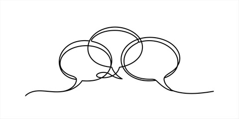 A continuous line drawing of three overlapping speech bubbles symbolizing communication and discussion Vector, illustration © Ratna Art_Gallery