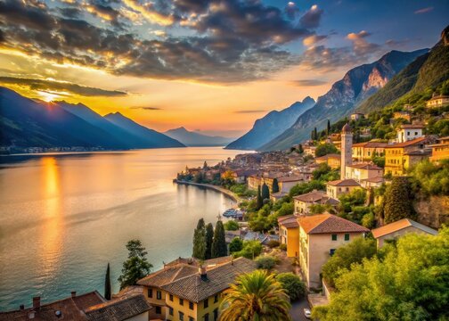 Panoramic view of Limone sul Garda at sunset with the lake and surrounding mountains