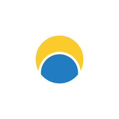A simple graphic design featuring a yellow upper semi-circle and a blue lower semi-circle, creating a stylized sun or horizon effect.