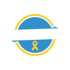 A circular blue and yellow graphic with a yellow awareness ribbon, symbolizing support for a cause.