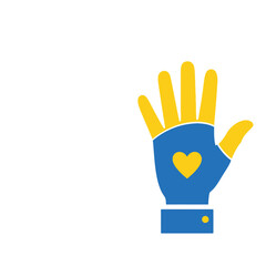 A stylized open hand with blue palm and yellow fingers, featuring a yellow heart, symbolizing support and solidarity.