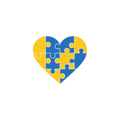Heart-shaped puzzle in blue and yellow colors, symbolizing support and solidarity for Ukraine.